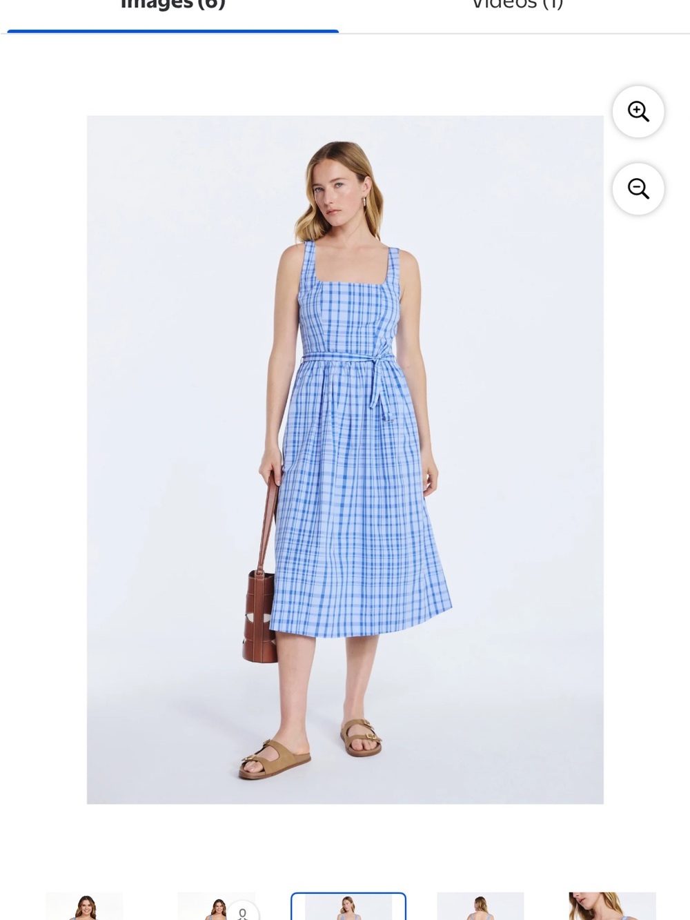 Sleeveless Light Blue Plaid Midi Dress with Self Tie Belt